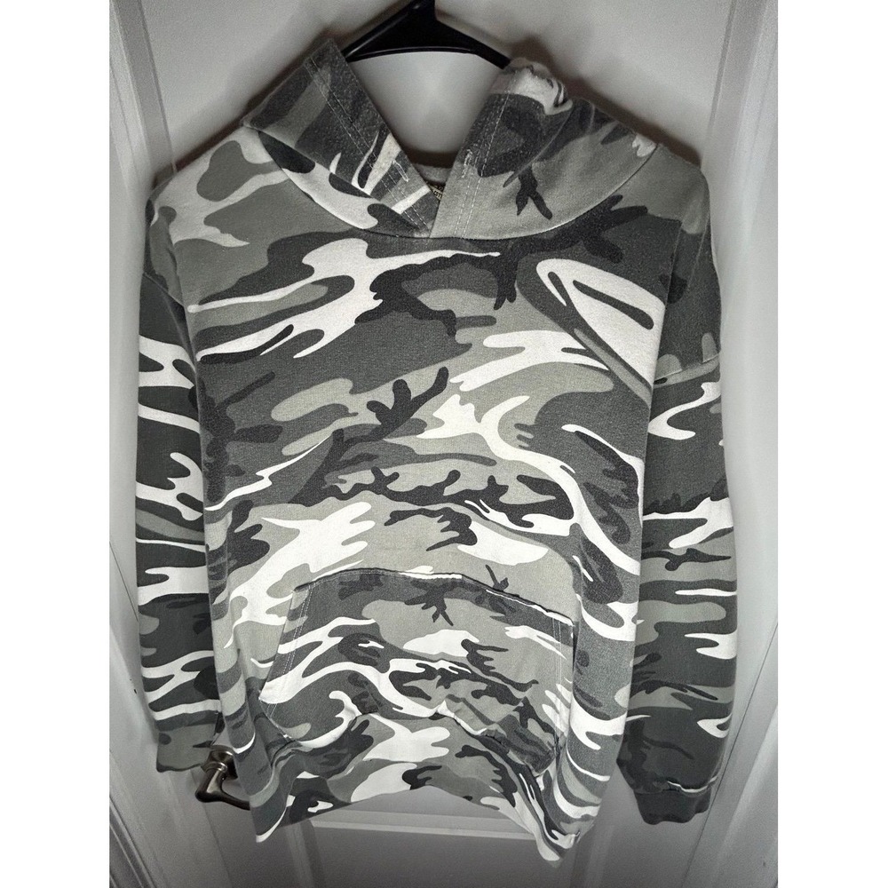 Vintage Y2k Grey Black White‎ Camouflage Hoodie Sweatshirt Sz Mens Large
